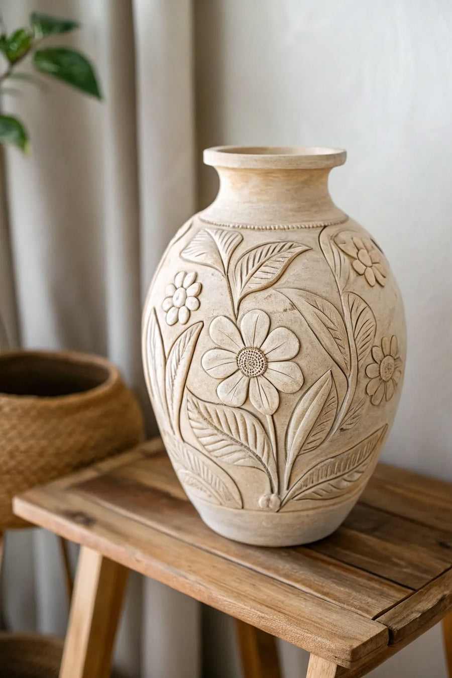 Wooden Tray Terracotta Vase